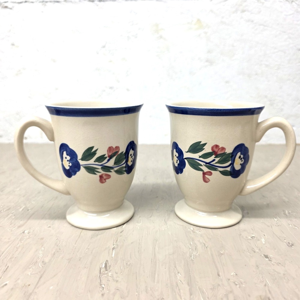 Vtg Designpac Floral Pedestal Coffee Mugs Set of 2 Cream Blue Floral Cottagecore